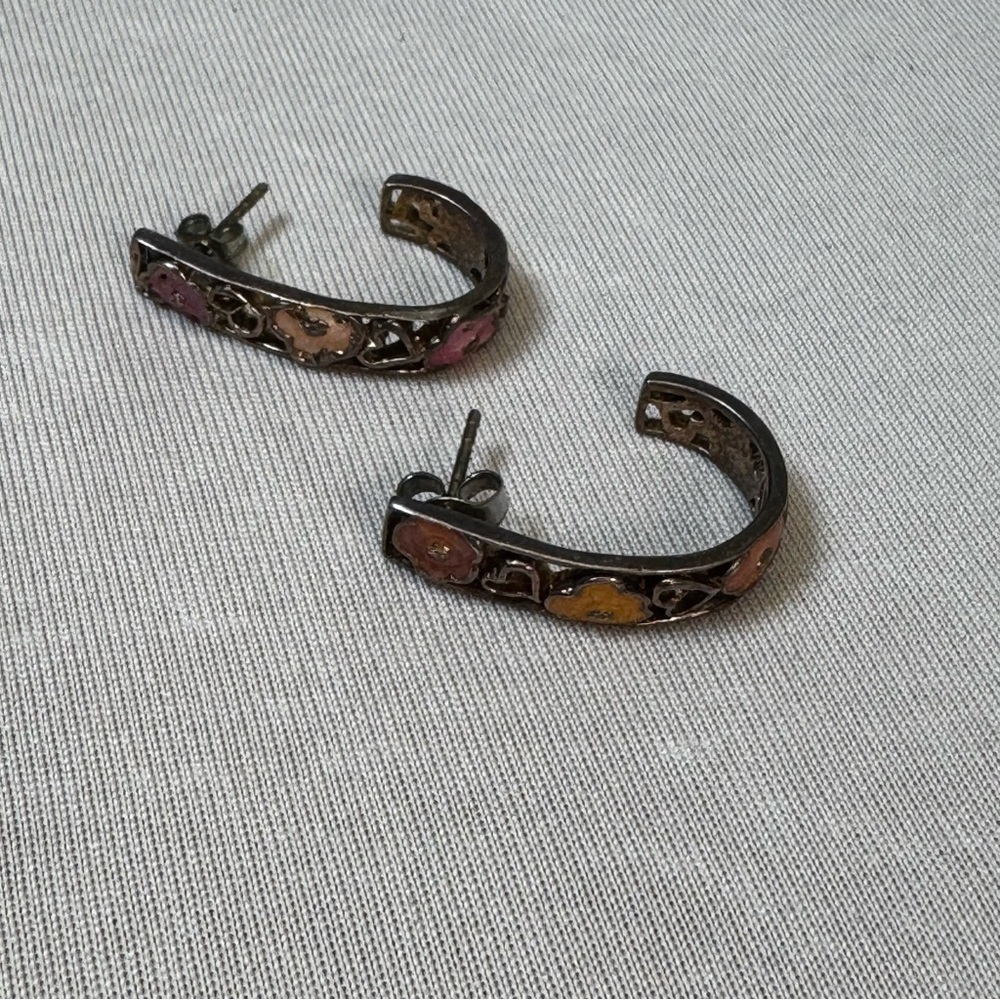 Floral Hoop Earrings with Pink and Yellow Enamel Accents‎